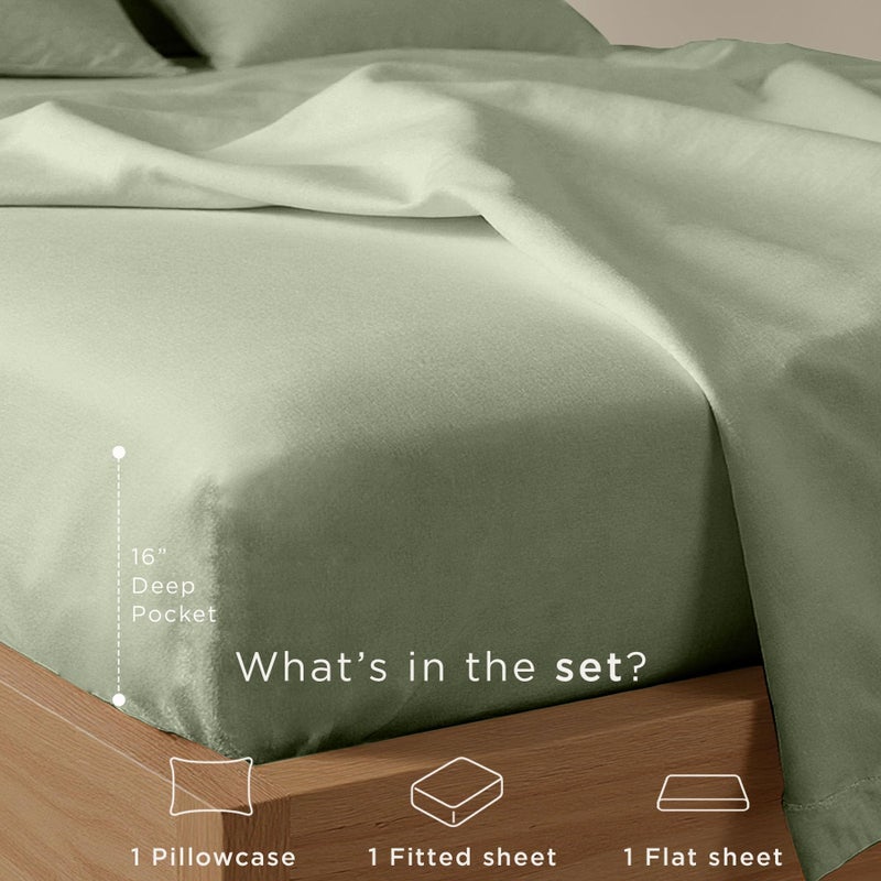 Threadmill Cotton Twin Sheet Set | 100% Cotton Sheets for Twin Size Bed | Solid Sateen Twin Bed Sheets Set with 16â€ Deep Pocket | Soft Breathable 3-Piece Cooling Sheet Set | Sage Green - Image 3